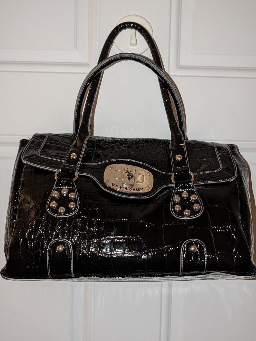 U.S. Polo Assn. Black Patent Vinyl Croc Satchel EUC
